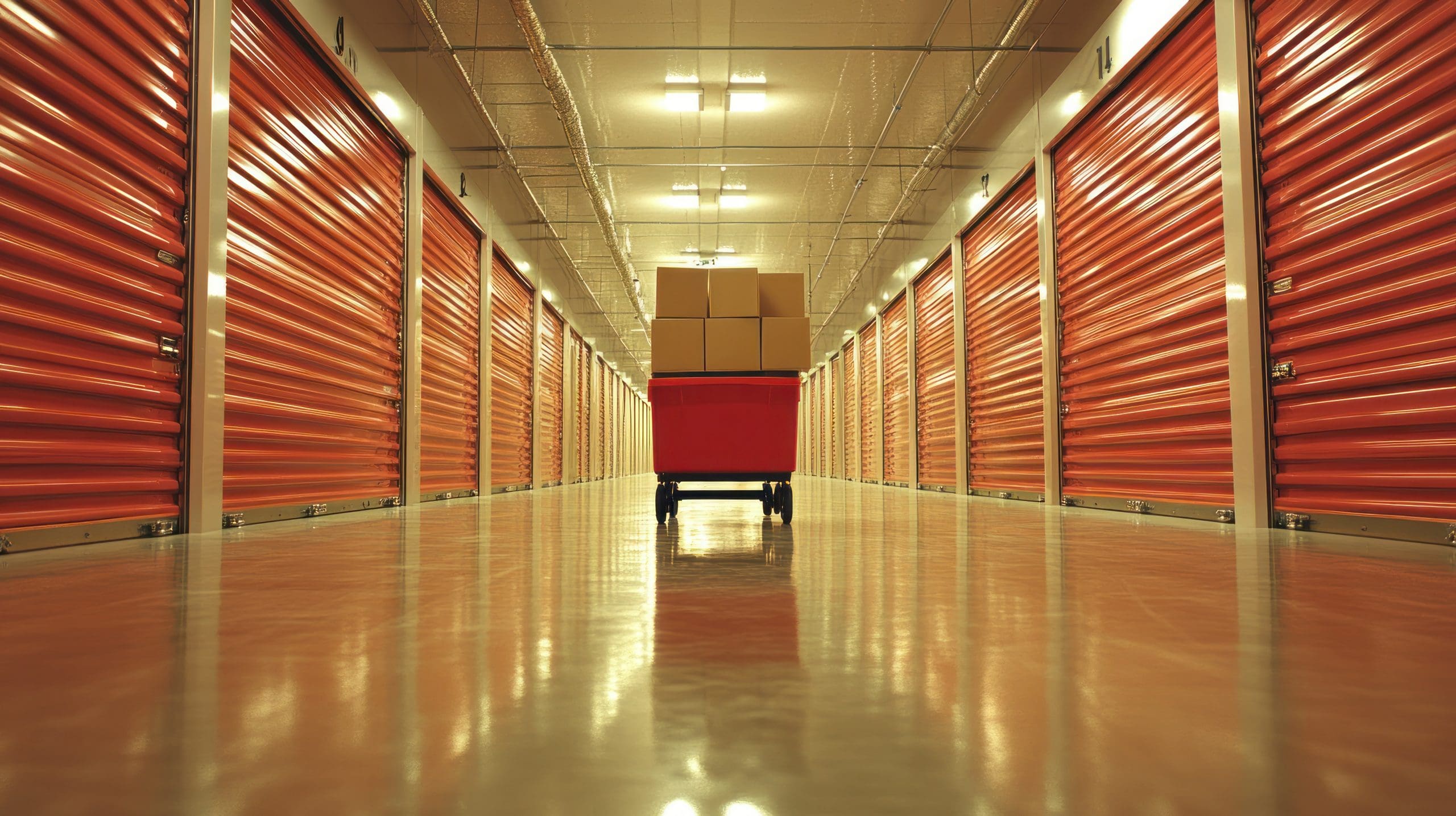 Boxes on cart in storage facility hallway